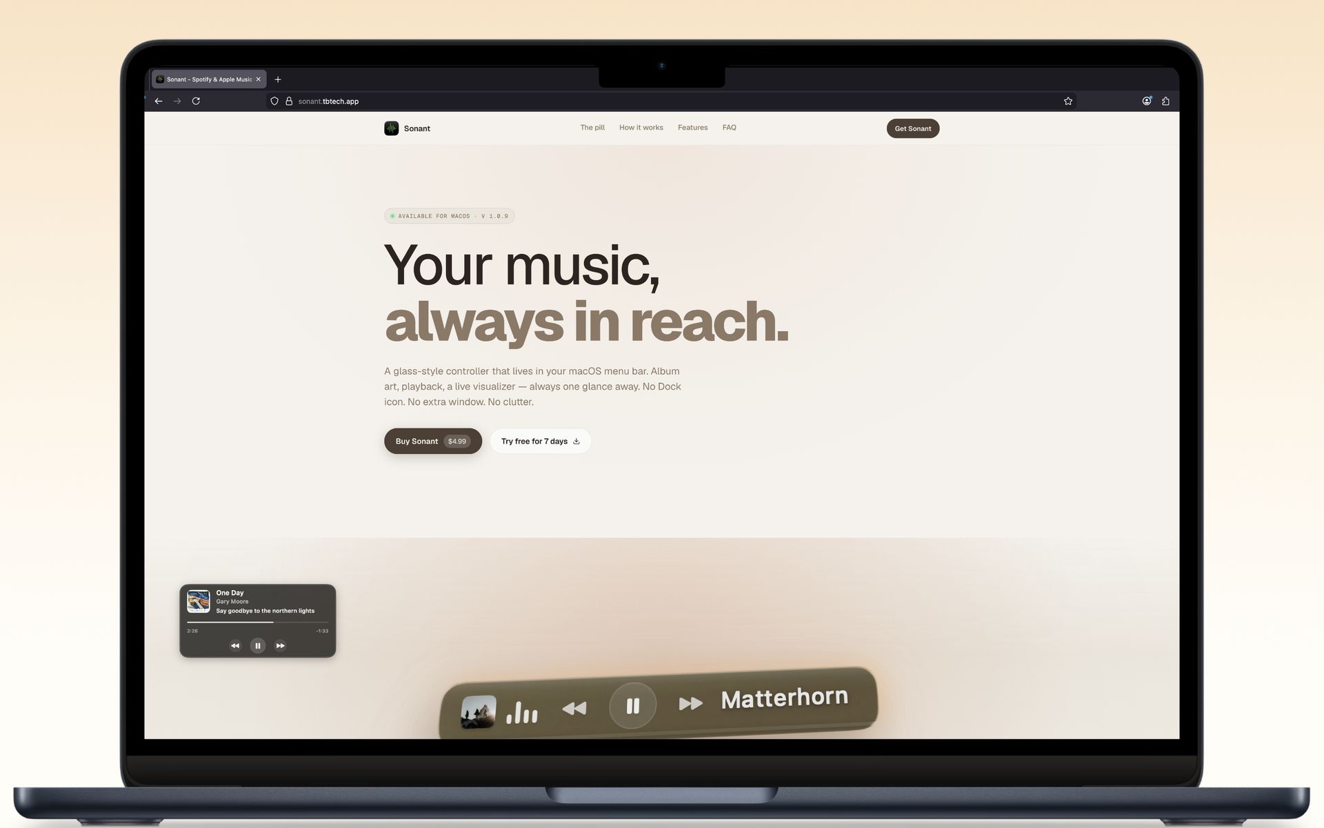 Sonant widget hovering over a real Mac desktop, mid-workflow